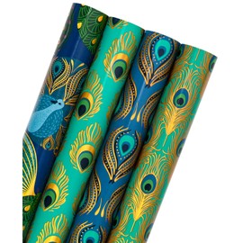WRAPAHOLIC Wrapping Paper Roll - Unique Peacock Elements Patterns with Metallic Foil Shine - 4 Rolls - 30 Inch X 120 Inch Per Roll