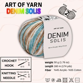Art of Yarn DENIM SOLIS Variegated yarn 55% Cotton,45% Poliacrylic,Total 200g(7.04 Oz),640m(696 Yds) Soft Smooth Yarn Sport – Fine2 for Crocheting, Knitting, Amigurumi,Blankets,garments –4 Skein 99951