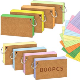 Flash Card, 8 Pack 800 Pcs Revision Cards Index Cards A7 Ruled Flshcards Multicolor Kraft Paper Notecards Cue Cards with 9 Metal Binder Rings for Office School Home Study Record