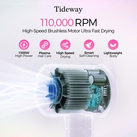 Tideway Hair Dryer High Speed Bow Dryer 110000 RPM,Fast Drying Lightweight Low Noise Plasma Tech for Scalp Health, Smart Temp Control,4 Temps Portable for Home Travel Salon with Magnetic Diffuser-H11