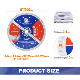 BRSCHNITT Diamond Blade for Concrete Masonry,8 Inch (200mm) with Arbor 1"-7/8"-5/8" Dry/Wet Continuous Rim Diamond Cutting Disc for Granite Marble Stone Hard Concrete Reinforced Concrete