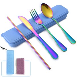 Boulder Bee | Travel Utensils Set | Reusable Camping Cutlery Set | Stainless Steel Flatware Set | Portable Silverware Set with Case | Includes Knife/Fork/Spoon/Straw/Cleaning Cloth/Case (Rainbow)
