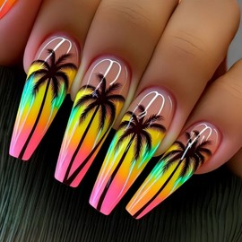 Coconut Palm Press on Nails Long Square Stick on Nails with Designs Yellow Pink Green Orange False Nails Full Cover Nude Pink Fake Nails Glossy Cute Summer Glue on Nails for Women Girls Manicure 24Pcs