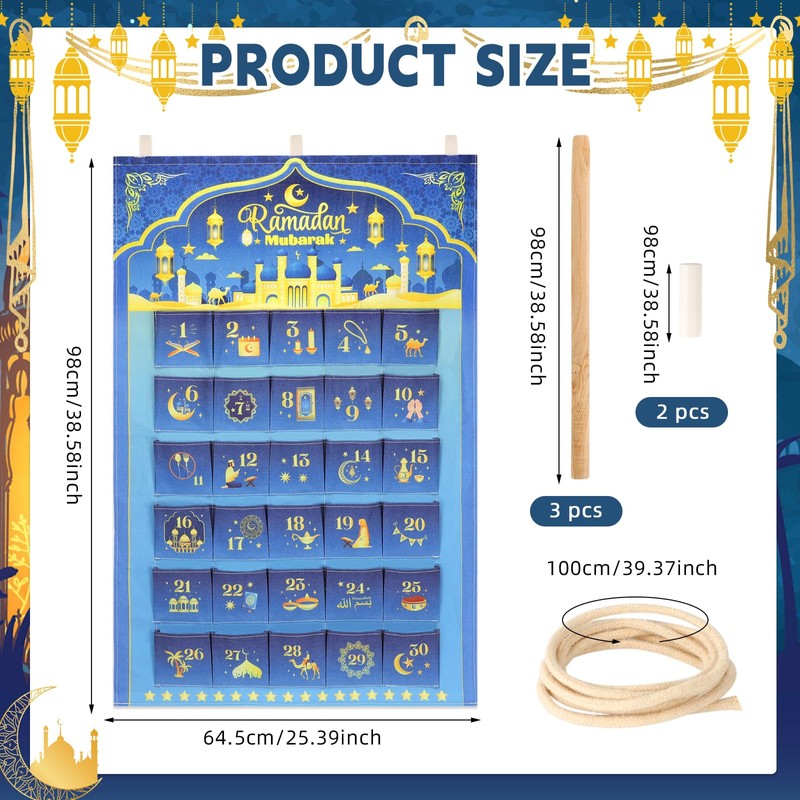 DPKOW Ramadan Advent Calendar 30 Pockets, Linen Fabric Ramadan Hanging