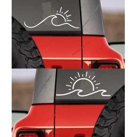 02 Set, Sun and Wave Decal + Ocean Mountain Sun Decal Beach Bumper Sticker Vinyl for Cars Vans Water Bottles, | Approx 6.5 inches Wide | | White |.