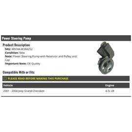 Power Steering Pump with Reservoir and Pulley and Cap - Compatible with 2001-2004 Jeep Grand Cherokee 4.7L V8