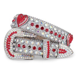 TINIDI Men Women Rhinestone Belt Western Bling Heart Crystal Diamond Studded Leather Belts for Jean Pants(AB Red,Fit Waist 33-39inch)