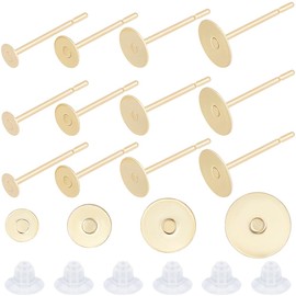 Beebeecraft 1 Box 200Pcs 4 Size Blank Post Earring 24K Gold Plated Stainless Steel Flat Round Earring Studs with 200Pcs Plastic Ear Nuts for DIY Stud Earrings Jewellery Making(Tray: 3/4/5/6mm)