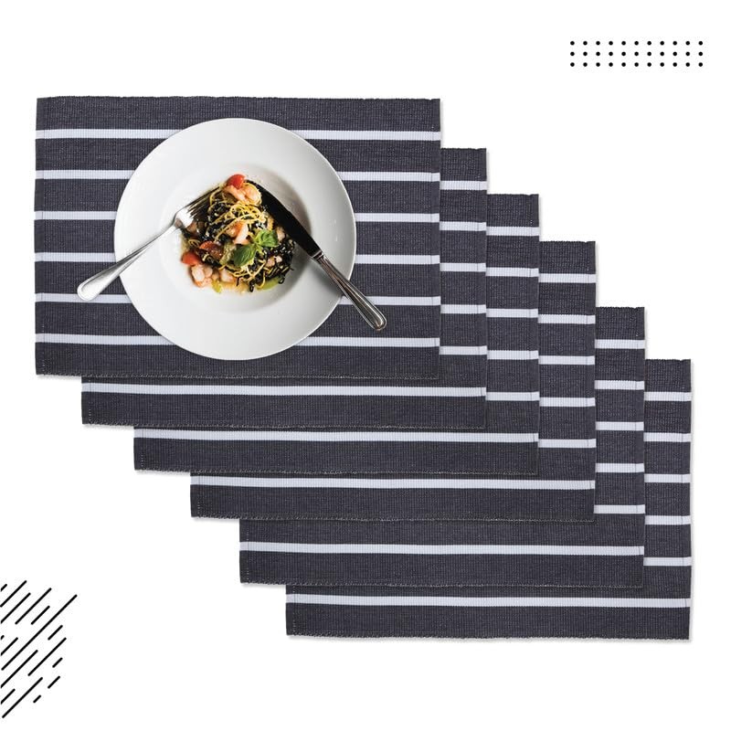 Encasa Ribbed Cotton Placemats (Set of 6), Roma Grey Stripes,