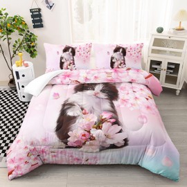 AILONEN Beautiful Cat Comforter Set for Kids Girls Boys Twin Size, Kawaii Cat Lover's Animal Themed Design Bedding Set,Pink Cherry Blossom Bed in a Bag,3 PCS,1 Quilt and 2 Pillowcases,Soft Microfibre