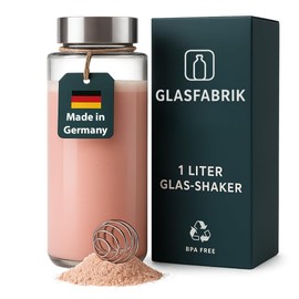 GLASFABRIK Premium Glass Shaker Protein Shake, 1 Litre BPA-Free Glass Bottle with Stainless Steel Ball, Sustainable Protein Shaker Made of Glass, Tasteless and Leak-Proof, German Brand Quality