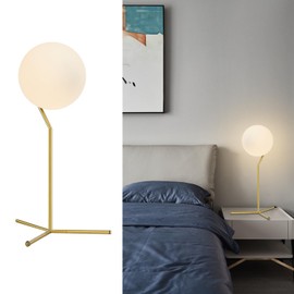 BOKT Modern 1-Light Glass Globe Table Lamp Contemporary Minimalist Tall Bedside Desk Nightstand Lamp Vintage Brush Gold Metal Table Light Frosted White Glass Ball Reading Lamp
