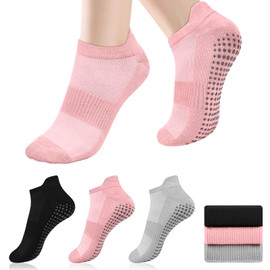 Tobfit 3 Pairs Pilates Socks for Women Non Slip Grip Sock Yoga Socks Ankle Grippy Sock Woman Black+Pink+Grey