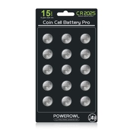 POWEROWL High Capacity CR2025 Battery (15-Pack) 2025 3v Lithium Batteries, 10 Years Leak-Free