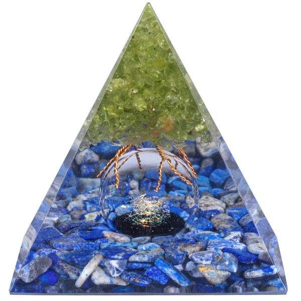 SUNYIK Peridot Tree of Life Sphere Stone Pyramid, Lapis Lazuli Chips Tumbled Stone Orgone Energy Generator for Chakra Reiki Meditation