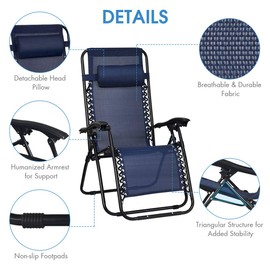 Giantex 3 PCS Zero Gravity Chair Patio Chaise Lounge Chairs Outdoor Yard Pool Recliner Folding Lounge Table Chair Set (Navy)
