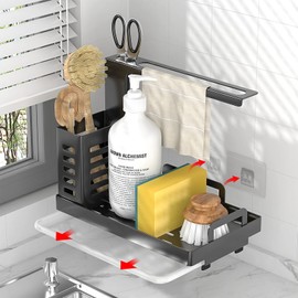 Shunfaji Sink Organiser Black with Drain Pan, Stainless Steel Kitchen Utensils, Sink Organiser, Sponge Tray, Kitchen Cloth Holder, Sink Kitchen Accessories, Sponge Brush, Dish Soap