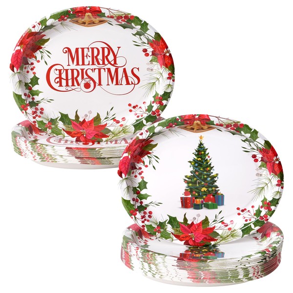 KTCNMER 50 Pcs Christmas Oval Paper Plates 12" X 10"