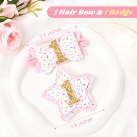 DEEKA 1st Birthday Hair Bow and Badge Set Birthday Decorations for Girl Glitter Pink and White Hair Clips for 1 Year Girl Birthday Party Decoration for Girls Toddlers Hair Accessories