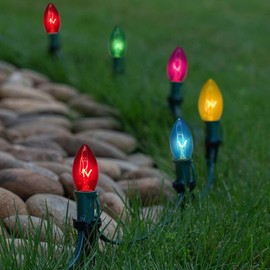38Ft C9 Multicolor Christmas Pathway Lights Outdoor, C9 Vintage Christmas Decorations Pathway String Lights with 25 Multicolor Bulbs and Stakes UL Listed for Yard Lawn Sidewalk Driveway Garden Party