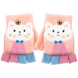 Kids Fingerless Gloves Winter Warm Convertible Flip Top Gloves Soft Knit Lining and Elastic Cute Cartoon for Kids Boy Girls 7-10 Years (Pink, Cat)