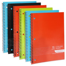 Spiral Notebooks, Bulk 1-Subject Notebook, College Ruled Notebooks - 70 Sheets - 3 Hole Punched, Subject Notebooks for School Classroom, Home, Office - Perforated Pages, Assorted Colors - (6 Pack)
