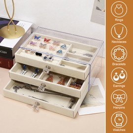 DOTOTO Acrylic Jewelry Organizer with 3 Drawers, Stackable Jewelry Holder Clear Storage Case with Velvet Jewellery Trays, Accommodates Earrings, Rings, Necklaces, Watches (Beige)