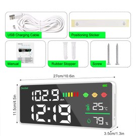 5-in-1 Decibel Meter - 11 Inch Large LED Display Wall Mount & Desktop Noise, Time, Temp, Humidity Monitor w/Alarm Icons, Range 30-130dB for Home Classroom Studio Factory​​