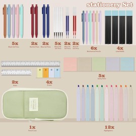 NVAZIOP 52 Aesthetic School Supplies with Cute Pen Case,5 Black, 2Blue,2 Red Ink Gel Pens,12inch and 6inch rulers,6 Mechanical Pencils for Students Stationary College Essentials