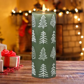 DRomance Christmas Tree Flameless Candles Battery Operated with 6H Timer Green Real Wax Hand-Carved Large LED Flickering Pillar Candle 3D Wick Thanksgiving Holiday Dinner Table Decor 3" D x 9" H
