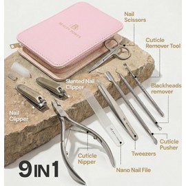 Beauty Power 9 in 1 Professional Manicure Pedicure Set - Stainless Steel Nail Clippers, Nano File, Cuticle Nipper, Scissors, Tweezers, Travel PU Leather Case for Men & Women - Gift Idea - Pink