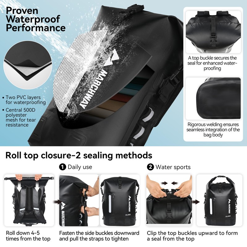 MARCHWAY Roll Top Waterproof Backpack, Floating Dry Bag 20L/30L/45L with