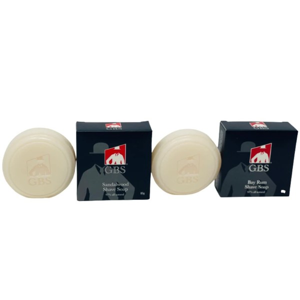 G.B.S Men's Shaving Soap 97% All Natural Enriched With Shea Butter and Glycerin, Creates Rich Lather Form, 3 Oz Each Pack of 2 (1 Sandalwood Round Shaving Soap, 1 Bay Rum Shaving Soap)