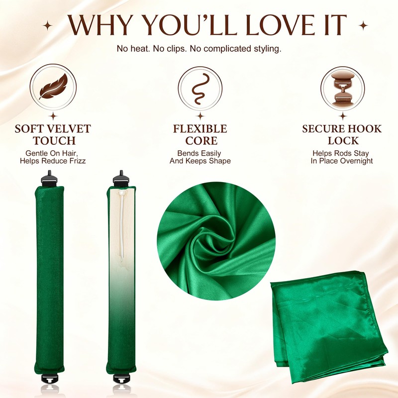 Heatless Curls Overnight, 4PCS Jumbo Velvet Curling Rods, Green