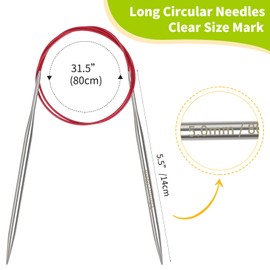 Coopay 5mm Circular Knitting Needles 80cm Long, Metal Circular Needles with Flexible Cable, Round Knitting Needles for Large Project, Fixed Cable Circle Knitting Pins for Blanket, Scarf, Hats