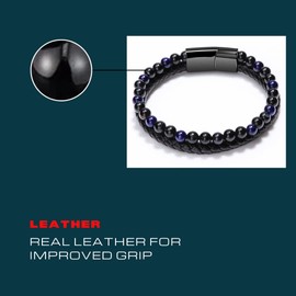 volcanic stone beaded bracelet hand-woven leather men's bracelet (Black & Blue)