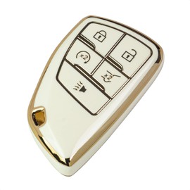 SK CUSTOM White TPU Gold Edge Smart Key Fob Case Protective Cover Compatible with Buick Envision 2021 2022 for Chevy Suburban Tahoe Silverado 1500 LT GMC Yukon 5 Button Keyless Car Remote Accessory