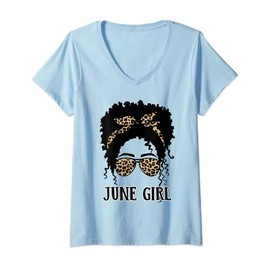 Womens Womens Black Queen Afro Afirican June Girl Curly Hair Funny V-Neck T-Shirt