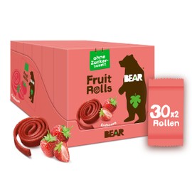 BEAR Fruchtrollen Erdbeere | 100% Natürliche Inhaltsstoffe | Ohne Zusatz von Zucker | Gesunder Snack für Kinder & Erwachsene | 30 Beutel x 20g | 600g