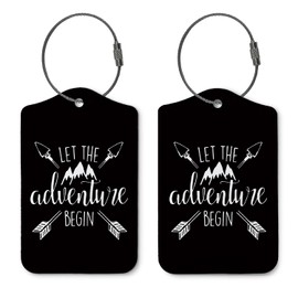 ZFQ 2 Pack Luggage Tags for Suitcases,Let The Adventure Begin Travel Suitcase Tags,Black Traveling Accessories Baggage Tag Label with Steel Loop,Bride Groom Travel Gifts