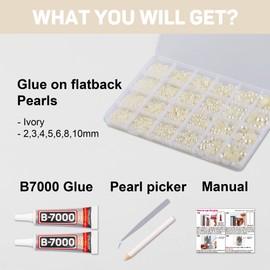 10000Pcs Ivory Flatback Pearls with B7000 Glue Kit for Crafts Crafting Shoes Nail Art Decoration Embellishment, Beige Half Round Flat Back Pearls Beads Set, Mixed Sizes 2mm 3mm 4mm 5mm 6mm 8mm 10mm