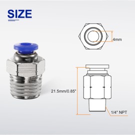 QUARKZMAN Push to Connect Fitting 4mm Tube OD x 1/4" NPT Thread Male Straight Quick Connector Copper Air Line Hose Fittings for Industry Air System PC4-N02, Blau