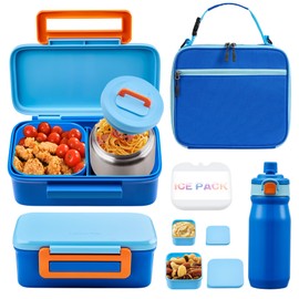 MAISON HUIS Kids Bento Box Set - Includes 8oz Soup Thermo, Insulated Lunch Bag & 17oz Stainless Steel Water Bottle, 2-Compartment Bento Box with Built-In Ice Pack, Leak-Proof & BPA-Free(Blue)