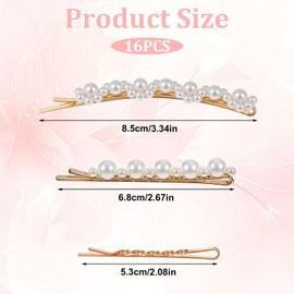 QFGasre 16 Pcs Pearl Hair Clips, Vintage Pearl Hair Bobby Pins Metallic Flower Barrettes CombinationHair Clips Elegant FrenchHair Barrettes Metal DecorativeHair Accessories for Women Girls Gift