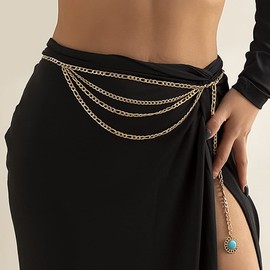 Zookey Boho Waist Chain Belt Gold Metal Link Waist Belt Turquoise Pendant Waist Chain Adjustable Body Jewellery Pants Dresses Carnival Party Costume for Women and Girls