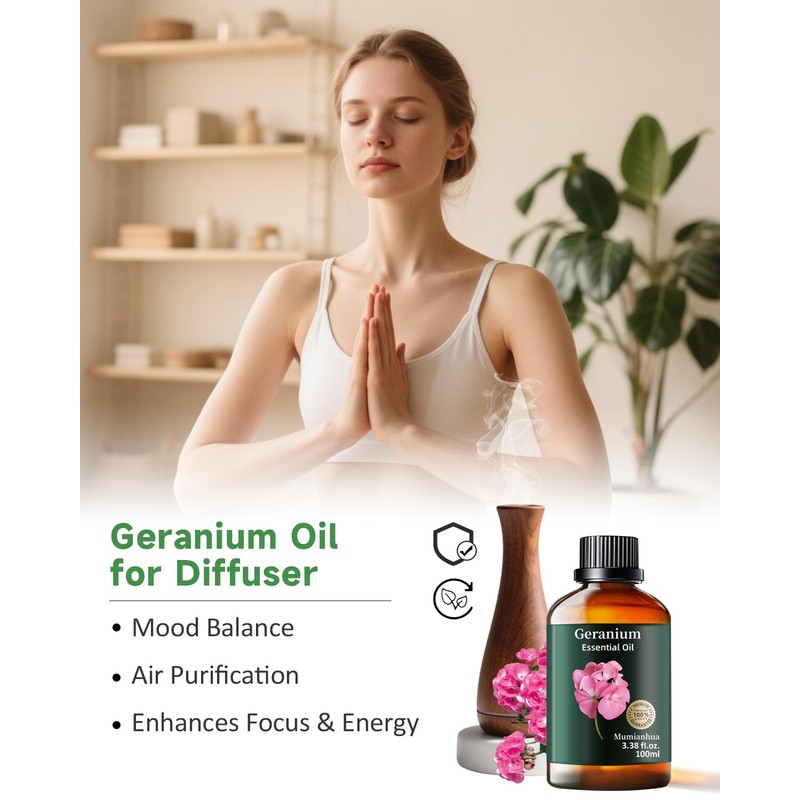 Geranium Essential Oil, Mumianhua Pure Rose Geranium Oil for Balanced