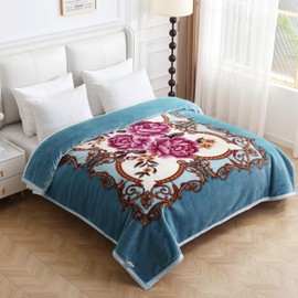 JYK Korean Mink Fleece Blanket King Size 83'' x 91'', 5.7 Pounds - 2 Ply Reversible Silky Soft Plush Warm, Comfy Bed Blanket, Luxurious Blanket for All Seasons - Blue/Purple Peony