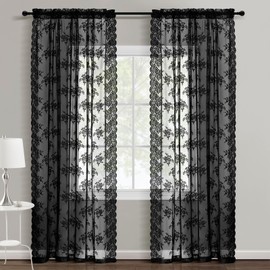 Kotile Black Lace Curtains 54 Inch Length 2 Panels, Country Rustic Floral Pattern Gothic Sheer Curtains for Bedroom, Rod Pocket Vintage Privacy Sheer Lace Curtains, 42 x 54 Inch, 1 Pair, Black
