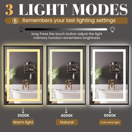STAWDY LED Bathroom Mirror,24"x36" Mirror with Frame, Front Light and Backlit, Stepless Dimmable, Anti-Fog, Shatter-Proof, Memory, 3 Colors, Double LED Vanity Mirror