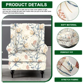 CRFATOP Wingback Chair Covers 2 Pieces Stretch Printed Wing Back Chair Cover Sofa Slipcover Washable Wingback Armchair Slipcovers Furniture Protector with Elastic Bottom for Wingback Chairs,16